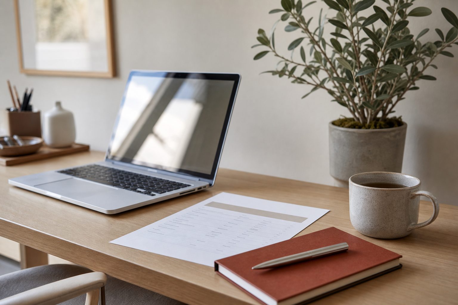Bright home office desk with laptop, printed fee schedule, and a mug beside a small green plant