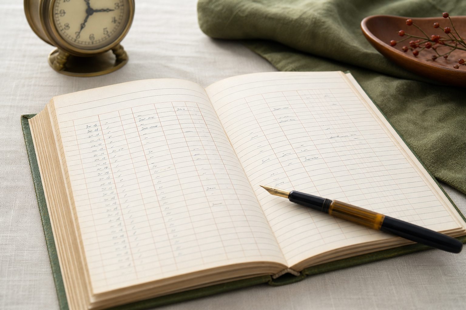 Open ruled paper chart with handwriting beside a pen and small clock on cream linen