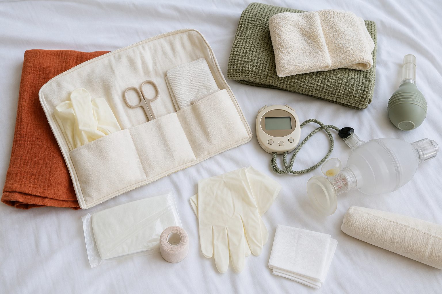 Birth kit laid out on white cotton with a bulb syringe, timer, and neonatal resuscitation bag