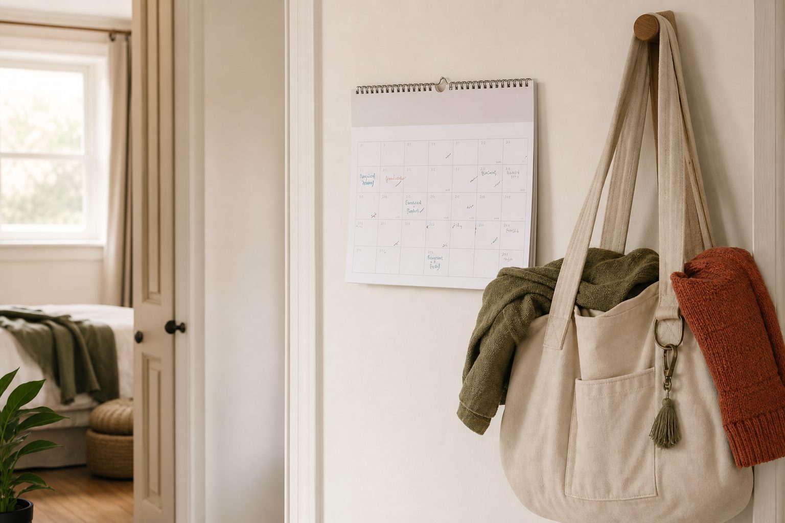 Wall calendar with handwritten marks beside a canvas birth bag hanging in a bright hallway