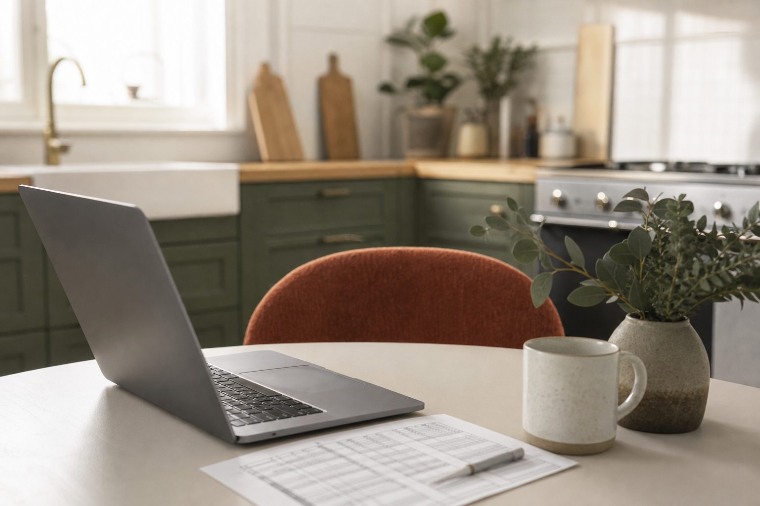 Bright kitchen table with laptop, printed spreadsheet, mug, and a small vase of eucalyptus