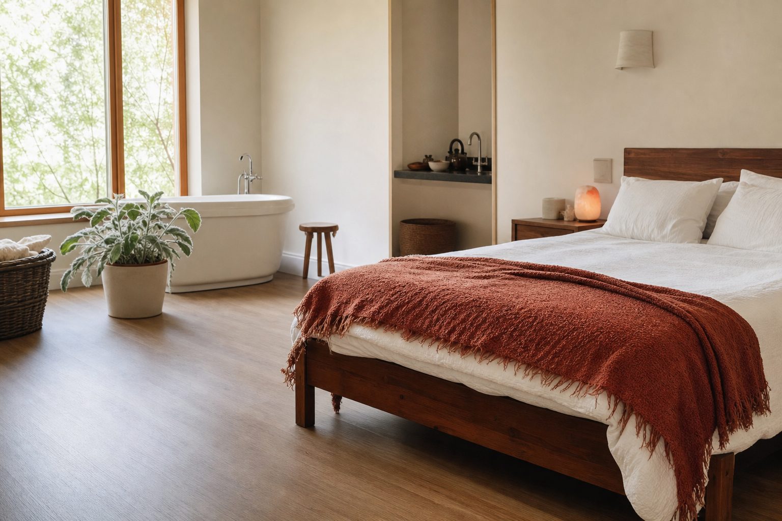 Calm birth center room with wooden bed, white linens, soaking tub, and a plant by a large window