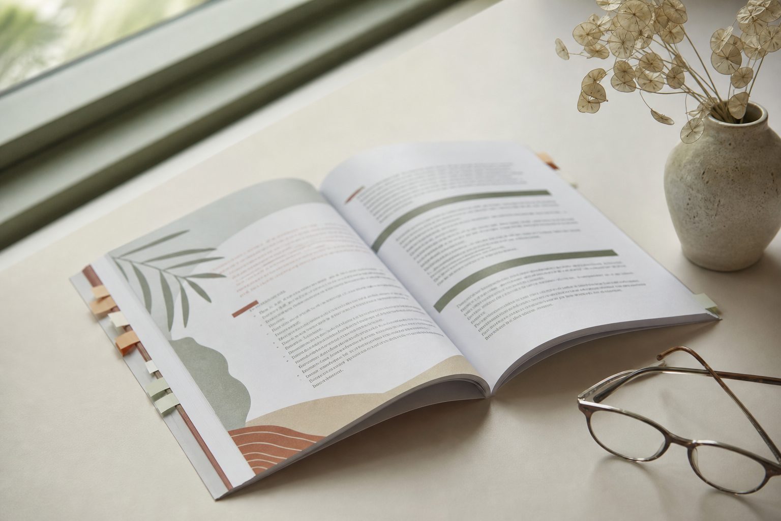 Printed rule booklet with sticky tabs open on a cream desk beside reading glasses and dried stems