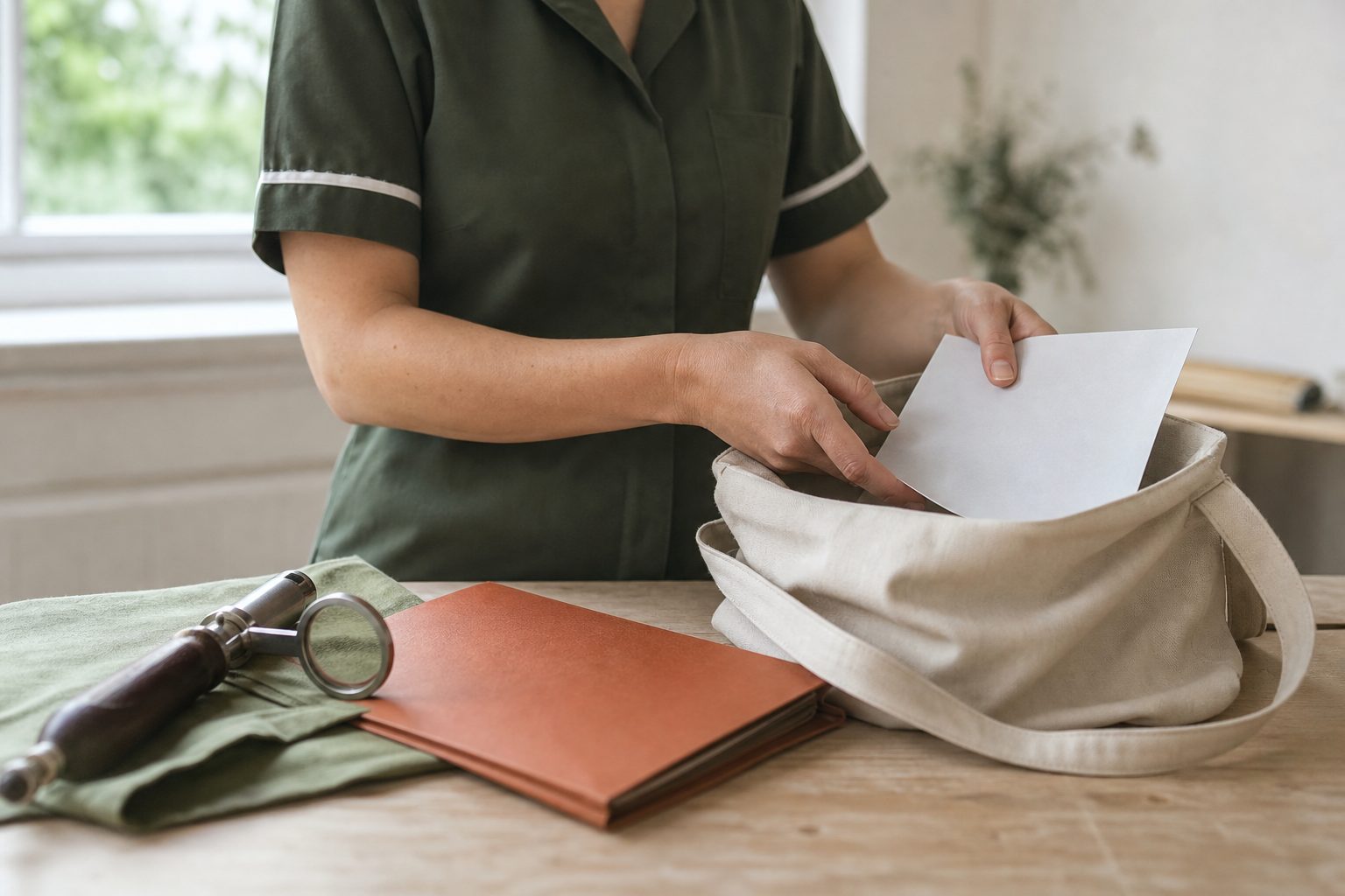 Midwife's hands sliding a single printed summary page into a canvas bag beside a fetoscope on a pale wooden table