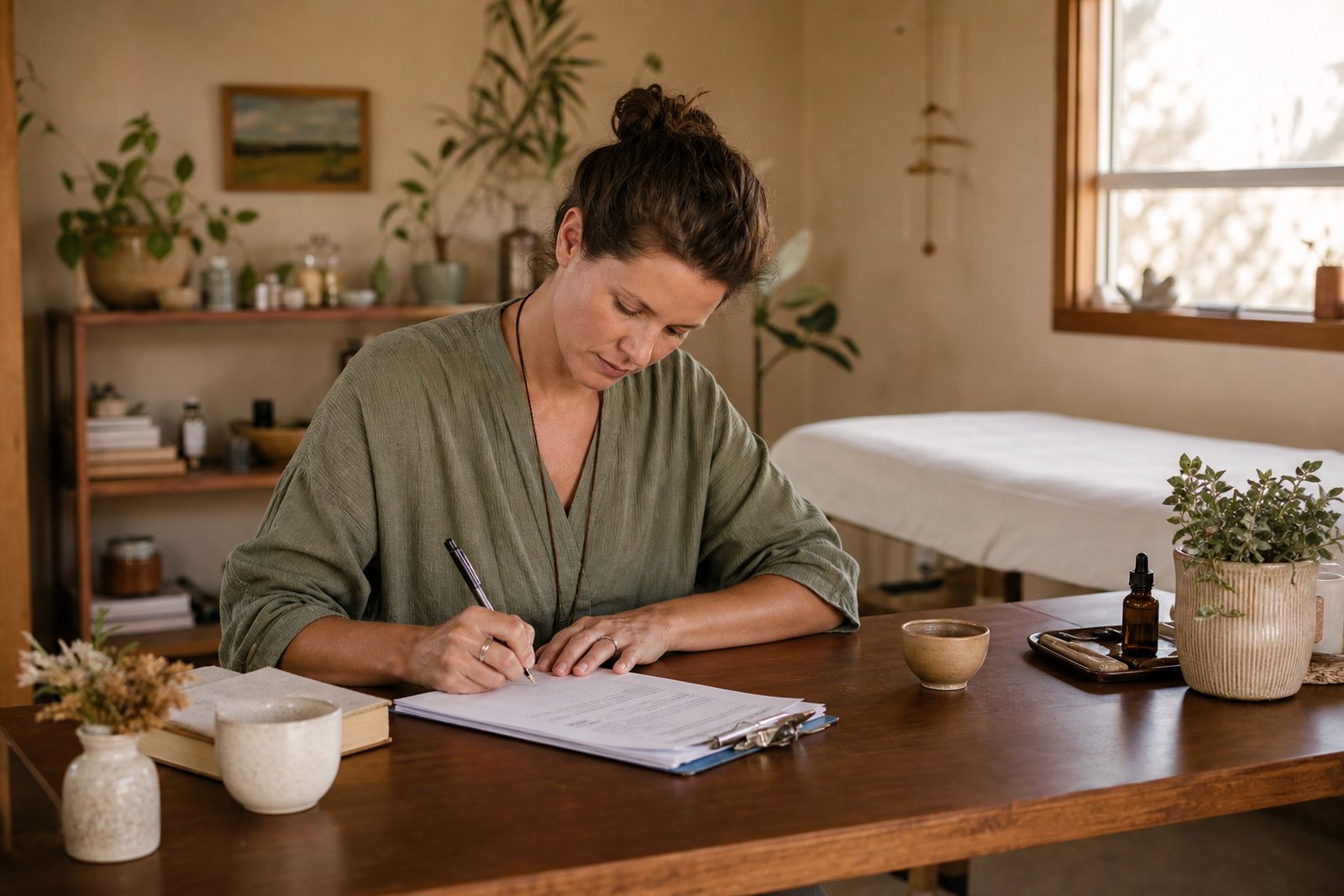 A midwife writing prenatal notes at a wooden table in a warm birth center room with an exam bed and plants behind her