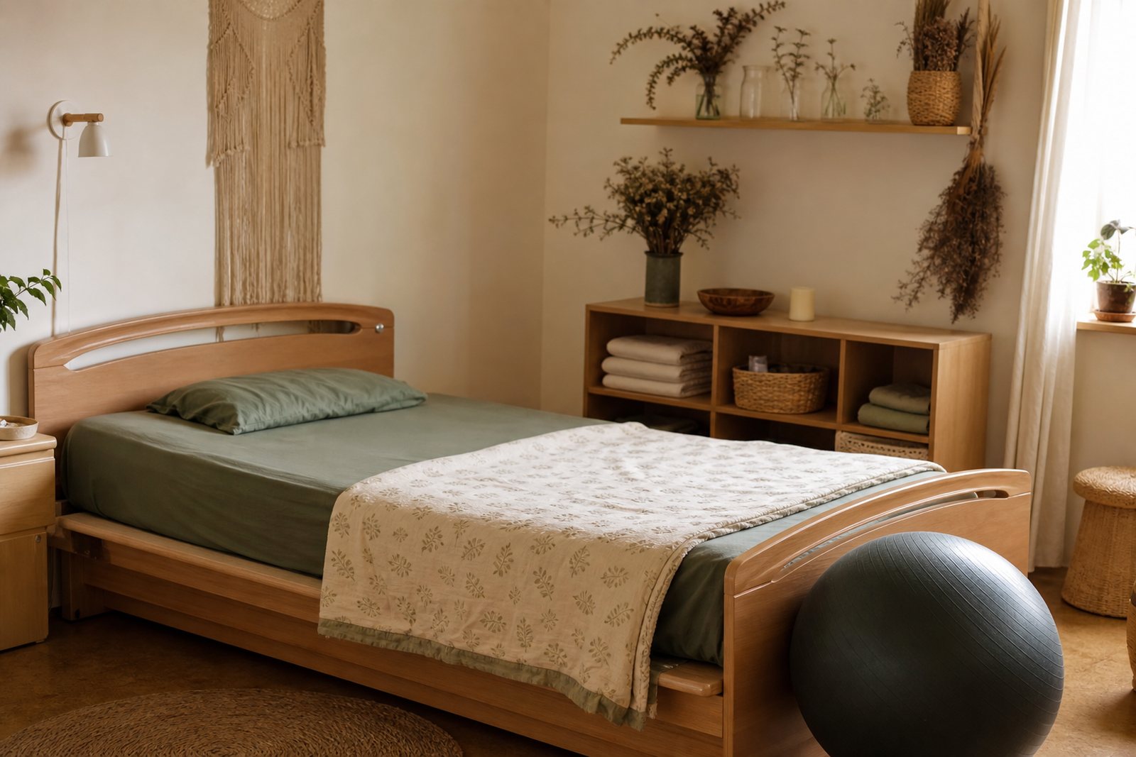 A birth center room with a wooden bed, a birth ball, folded linens and dried botanicals on a shelf in warm daylight